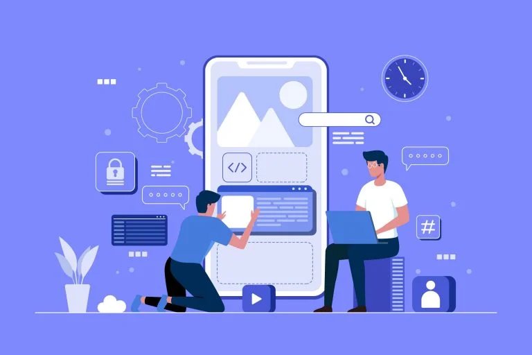 This image contains two developers interacting with devices and AI.